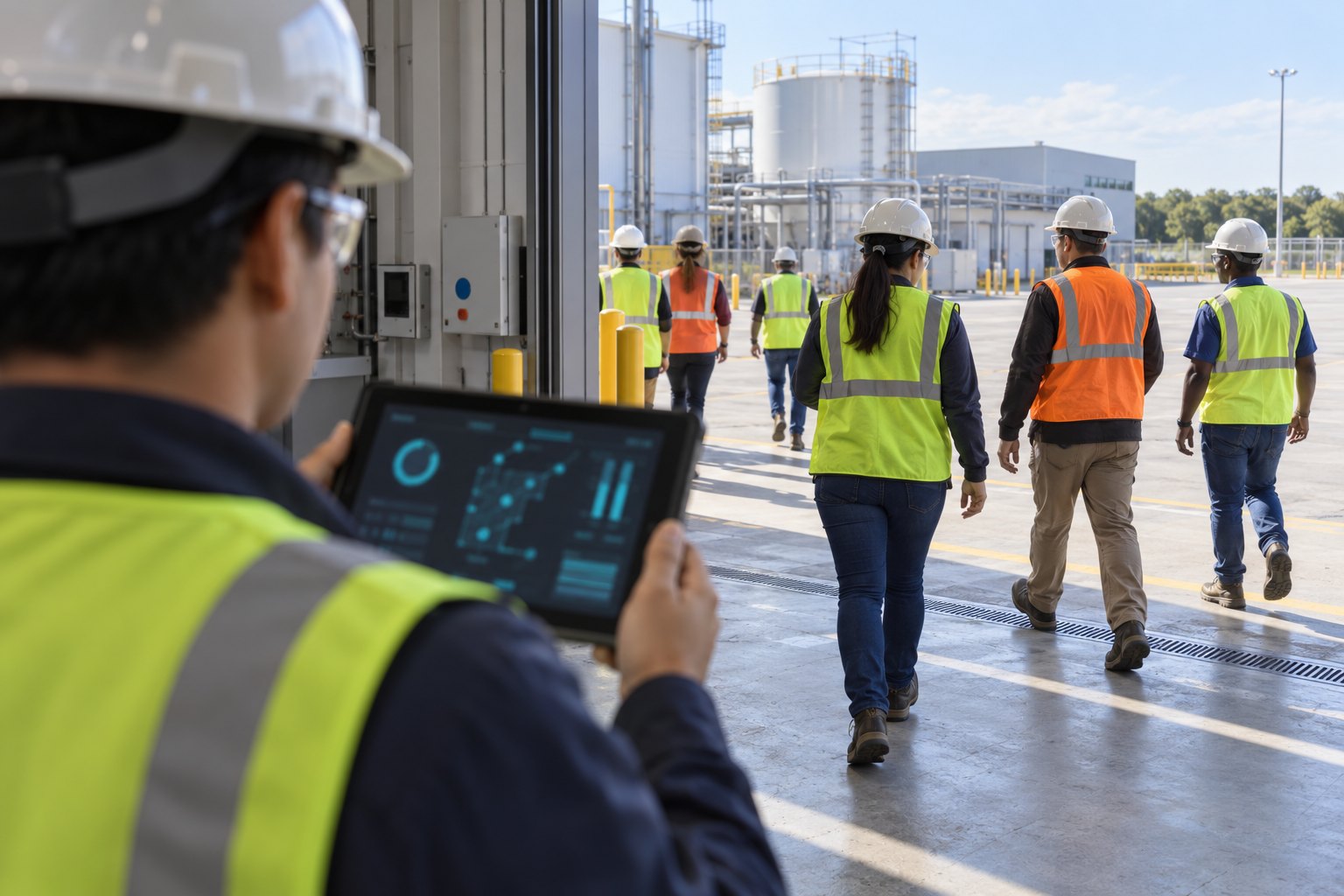 A site emergency coordinator using X3 Emergency on a tablet outside a plant near an exterior door