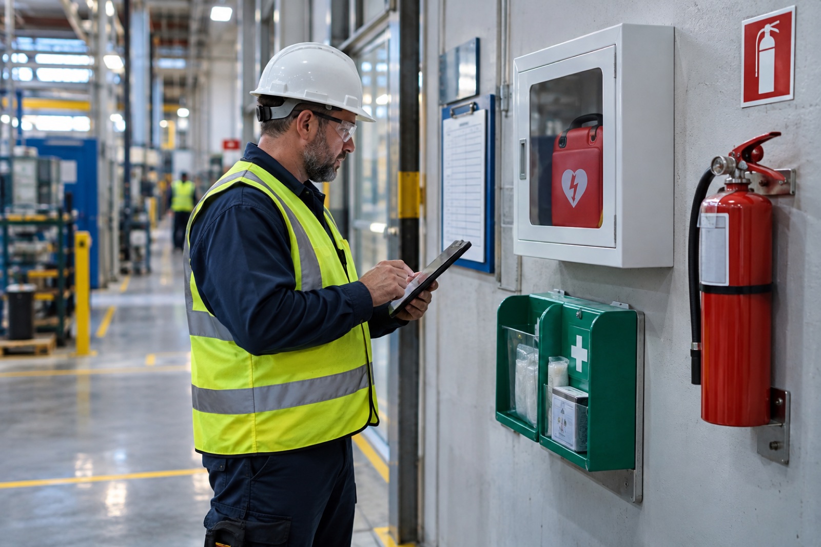 A safety lead in a hard hat checking a wall-mounted AED cabinet, first aid station and fire extinguisher against a tablet