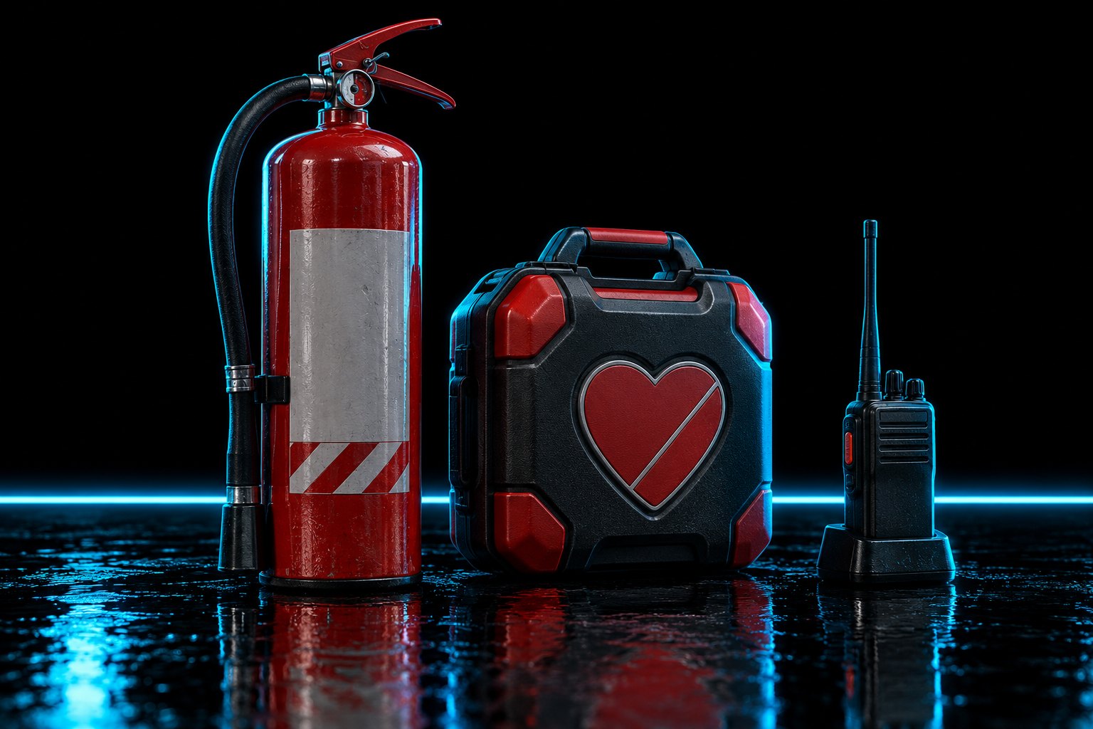 A red fire extinguisher standing upright on the black floor next to a closed hard-shell AED case and a handheld two-way radio standing on its base