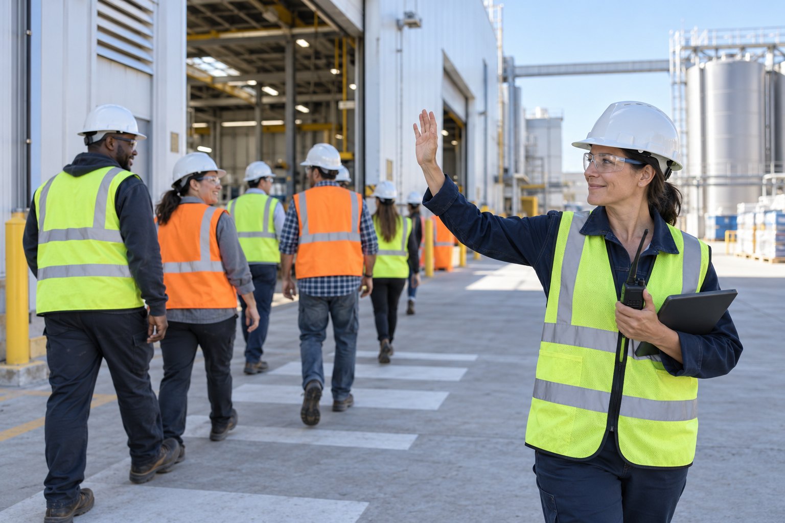 The end of a drill outside a plant on a clear day: a coordinator with a two-way radio in one hand and a tablet in the other gives a relaxed all-clear wave, and behind her a group of employees turns and starts walking back toward t