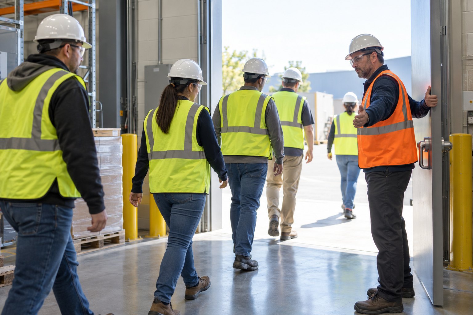 An evacuation warden in a bright orange vest holding an exit door open with one arm and waving employees through with the other during a drill