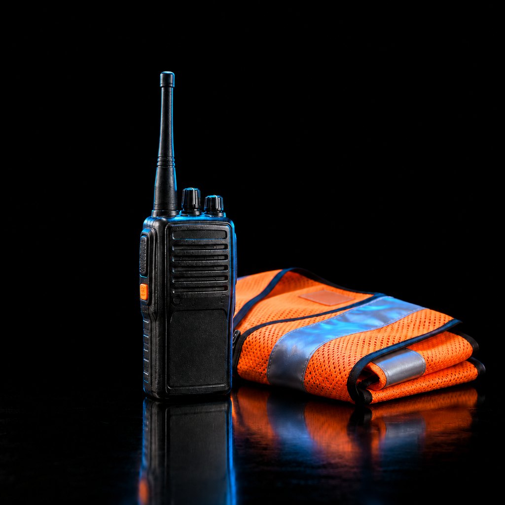 A handheld two-way radio standing upright beside a folded bright orange safety vest